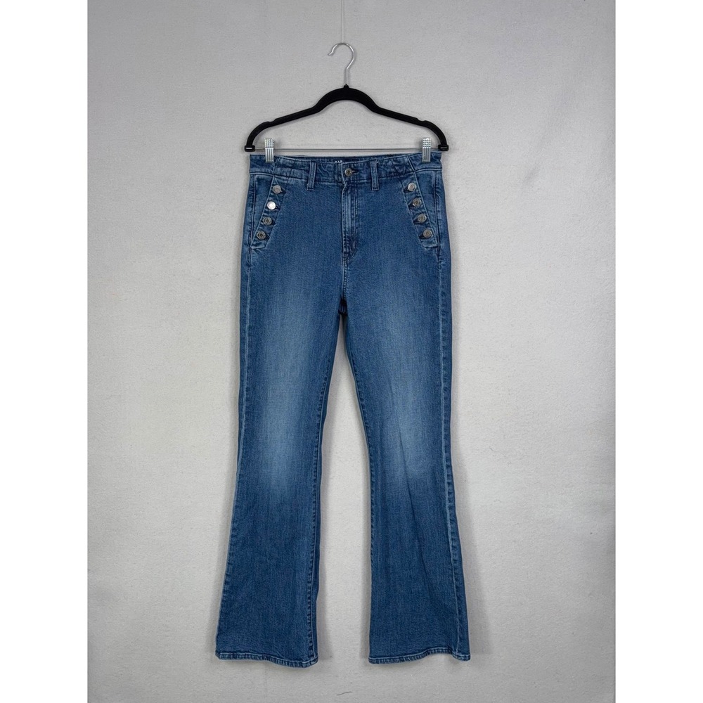 Gap '70s Flare Women 10/30L Blue Solid High Rise Sailor Button Denim Retro Jeans